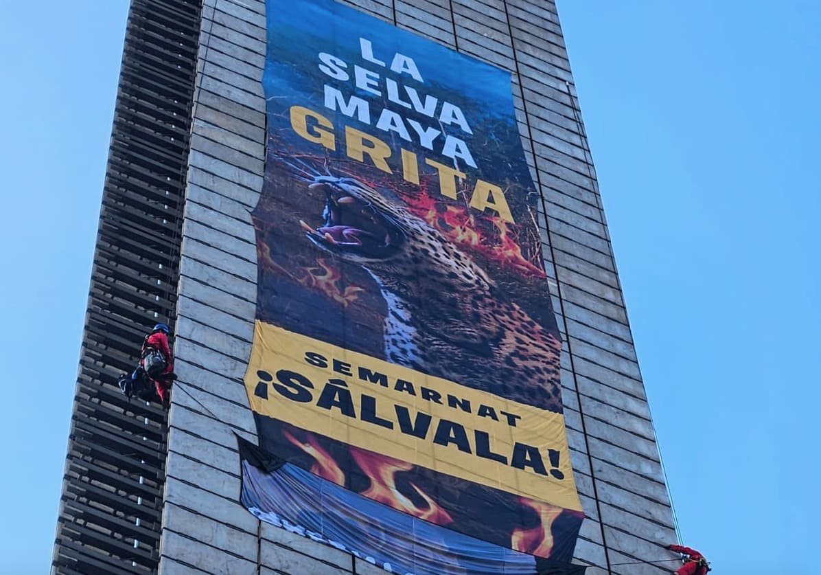 Activistas de Greenpeace conquistan la Estela de Luz en protesta por la Selva Maya